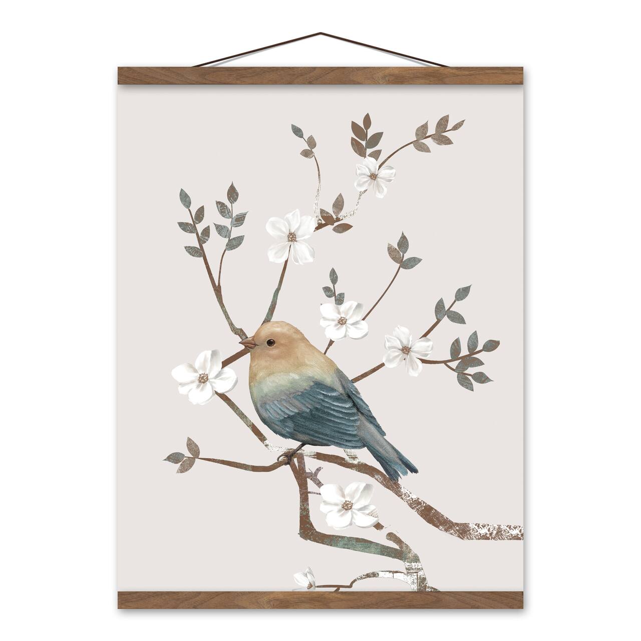 Colorful Bird On A Branch 16" x 20" Teak Hanging Canvas